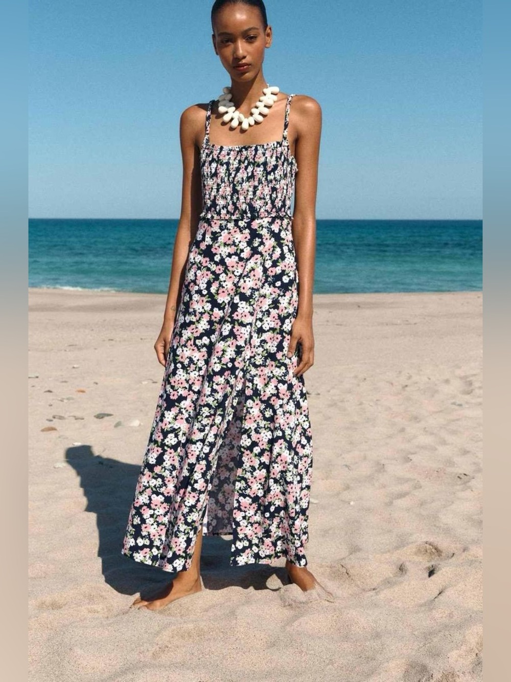 NWT Zara Navy Linen Floral Midi Dress • Size Small